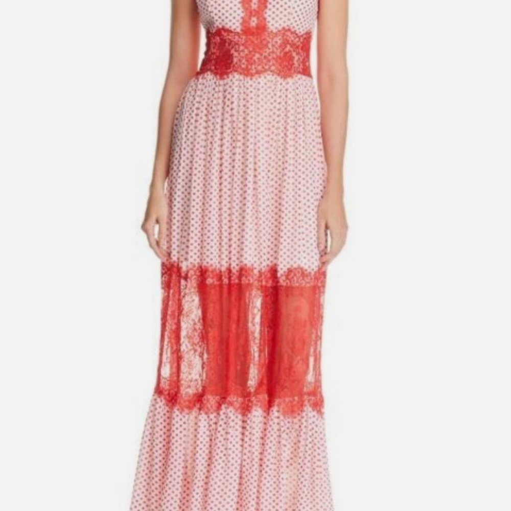 Red & White Lace Appliqué Polka Dot Maxi Dress Size S
